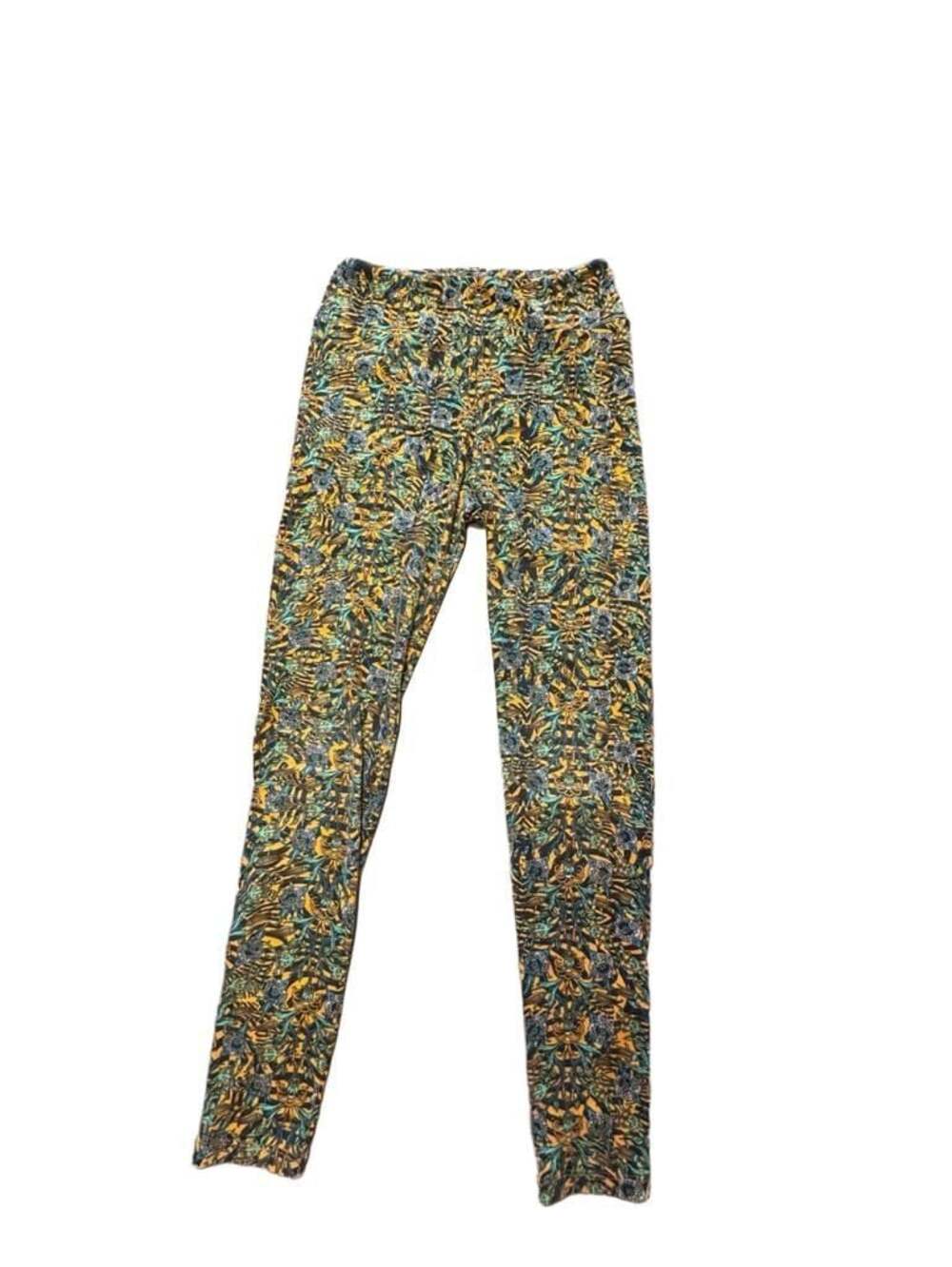 LuLaRoe OS Fern Leaves Leggings Light Blue, Oranges, Yellow, Black